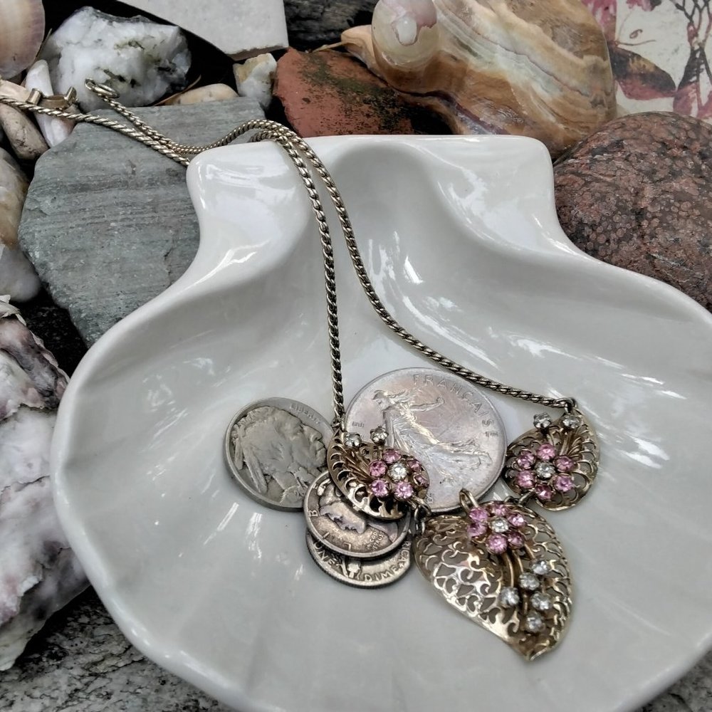 1940's Lustern Leaf & Rhinestone Flower Necklace